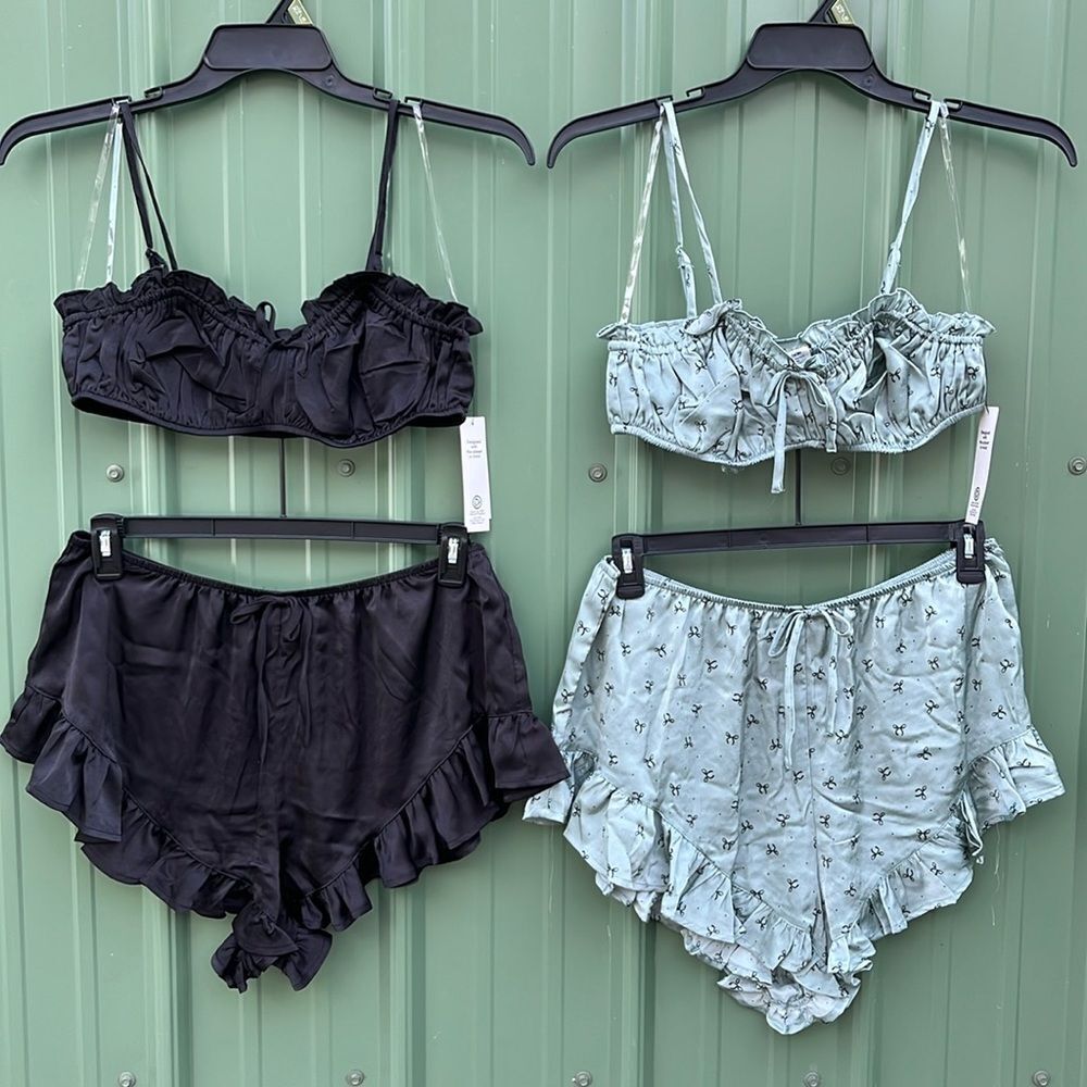Chic Black Satin Bralette Shorts Sleepwear Ruffle Trim 2,  2-Pc Sets Size XL